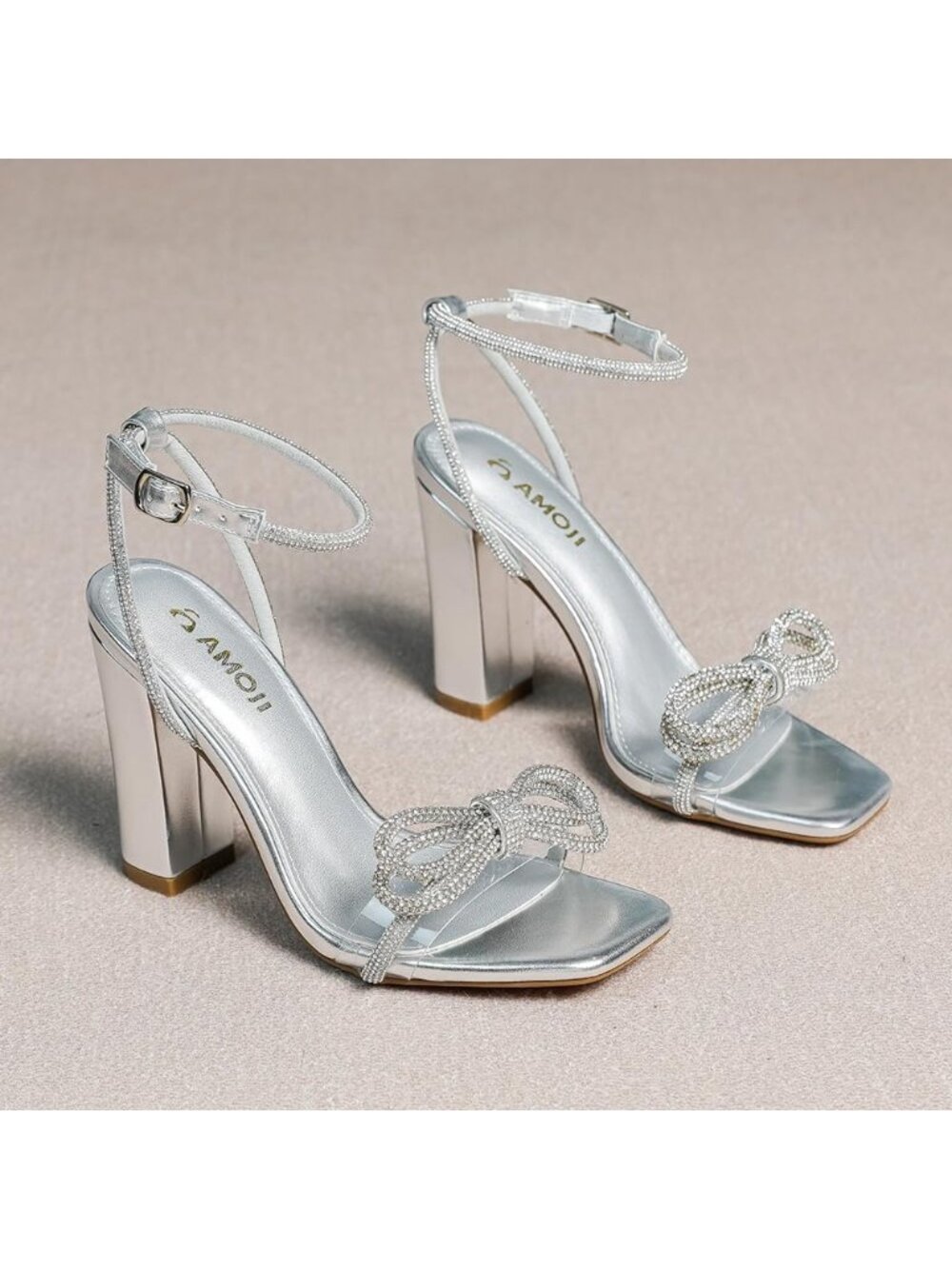 Women's Pu Silver 4 Inch Rhinestone Bowknot Block Heels Open Toe Heeled Sandals - Picture 6 of 7
